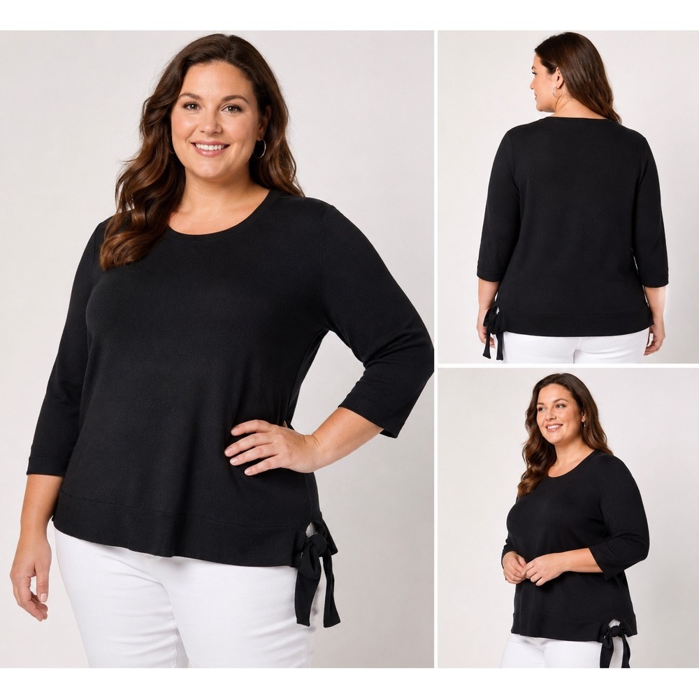 Coldwater Creek Black Side Tie‎ Knit Sweater 3X Plus Size NWT Scoop Neck 3/4 Slv